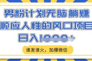 男粉计划无脑躺Z，顺应人性的风口项目，谁发谁火，加爆微信，日入多张【揭秘】